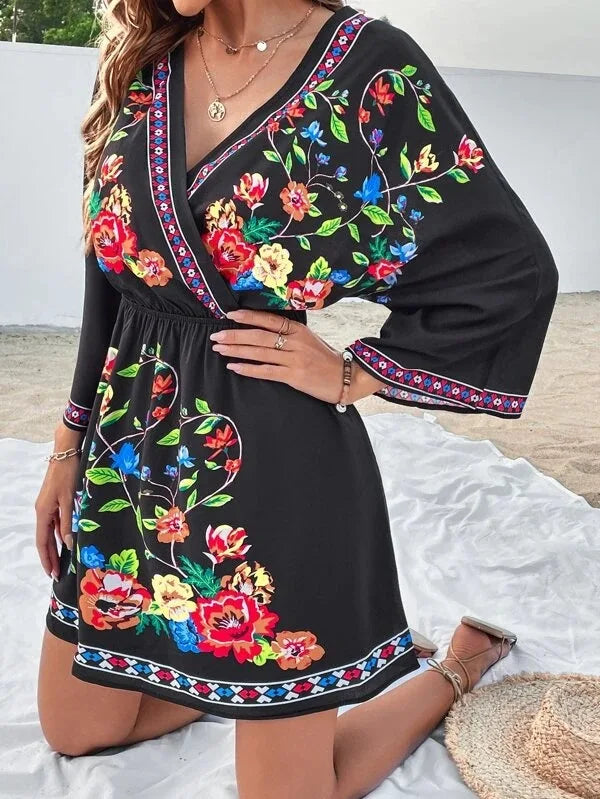 Bohemian Dress With V Neck And Tie Waist Beach Vacation