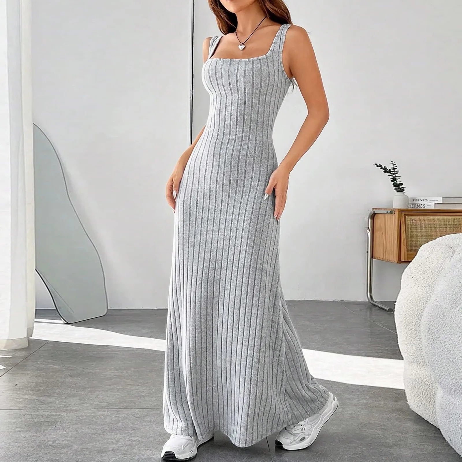 Floral Sundress For Women Pockets Square Neck Tank Dress