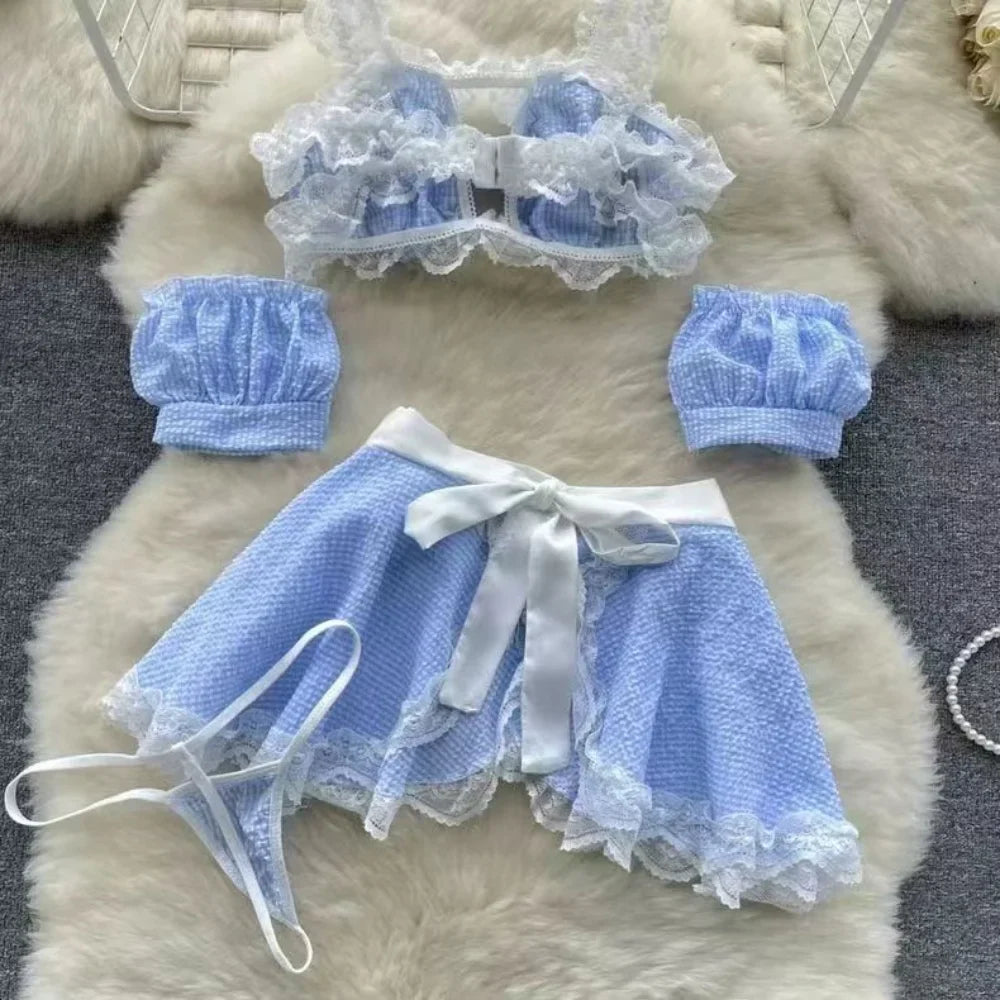 Sexy Maidservant Apron Dress Three Piece Set Lace Trimmed Plaid Cosplay Lingerie Nightwear for Women