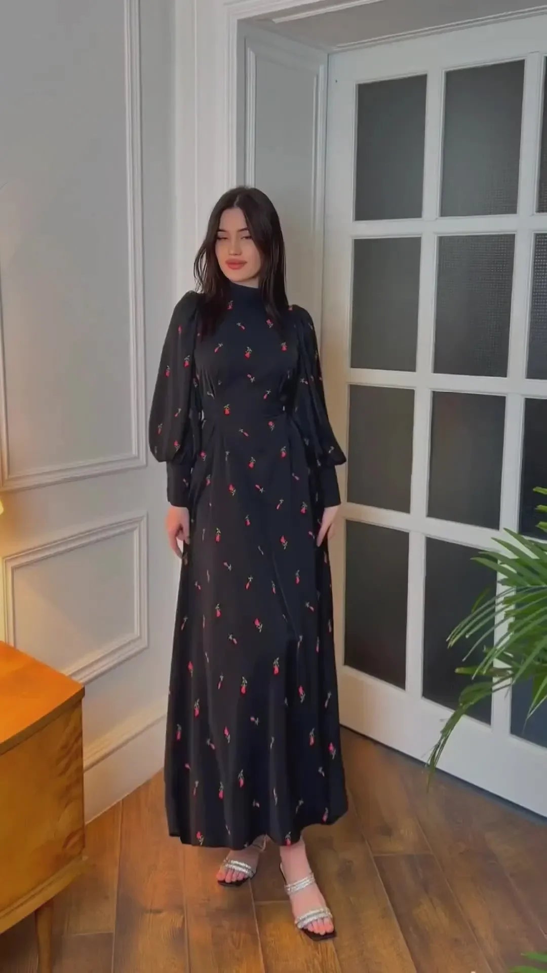 Black Print Dress For Women O Neck Long Sleeve Lace Up