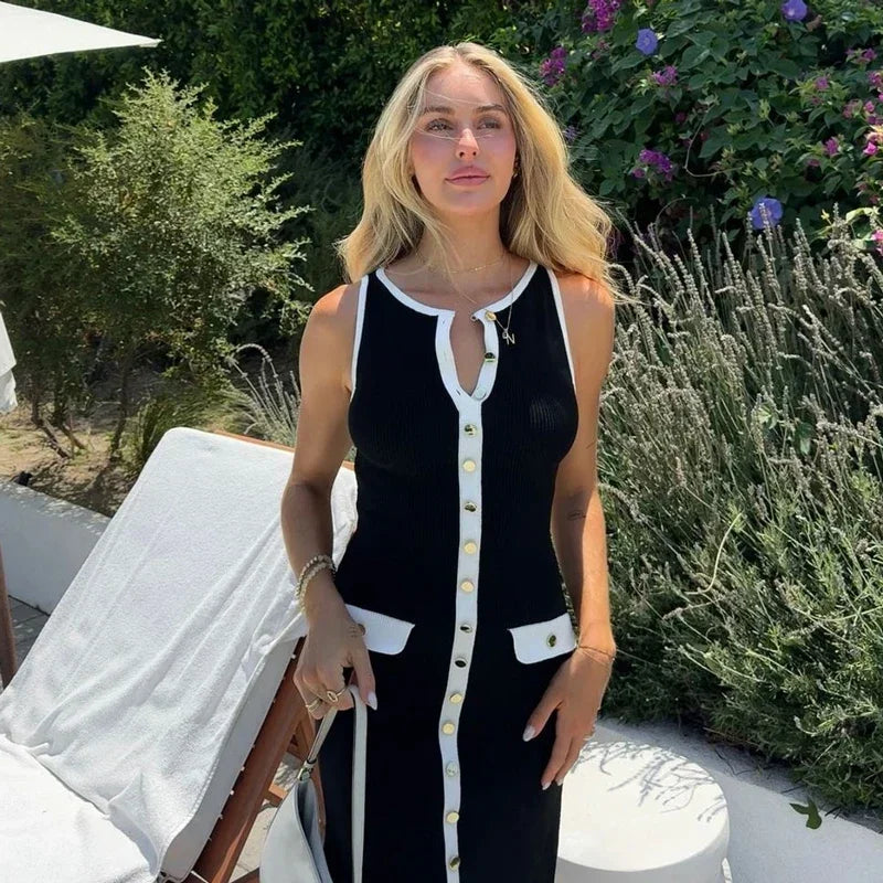 Elegant Sleeveless Ribbed Knit Bodycon Dress High Waist