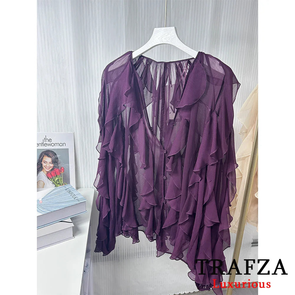 Burgundy Mesh Ruffle Blouse for Women Long Sleeve Sheer Loose Fit Elegant Party Top