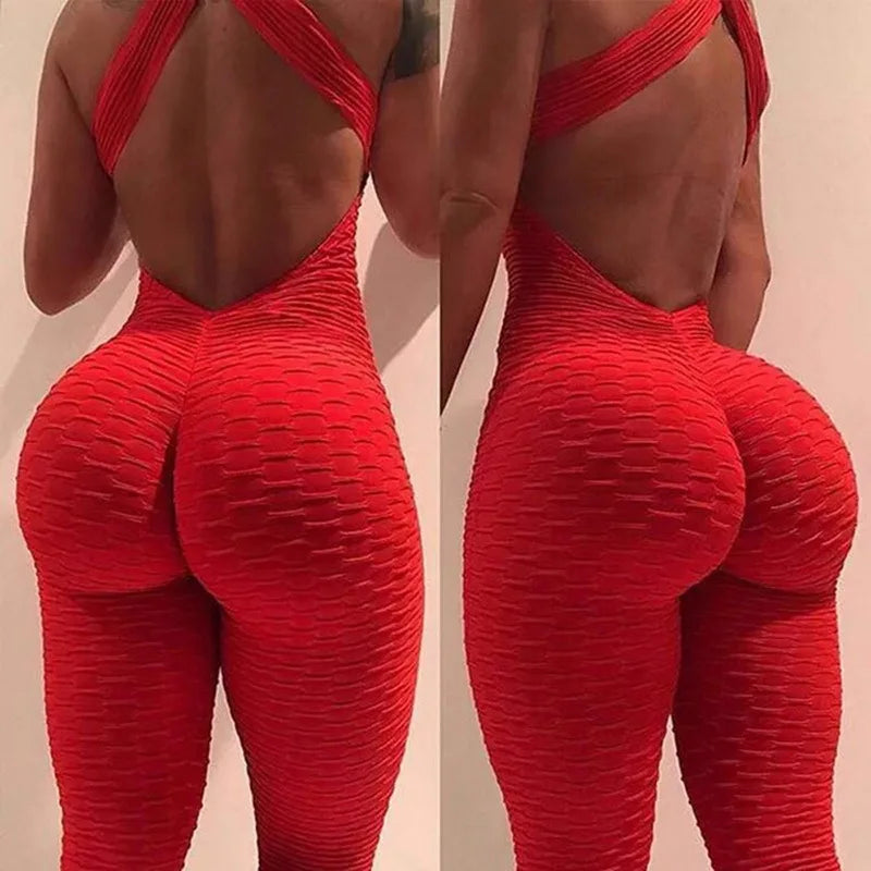 Bubble Jumpsuit for Women Sleeveless Fitness Yoga Bodysuit Backless Stretchy Butt Lifting Jumpsuit Pants Slim Fit Activewear