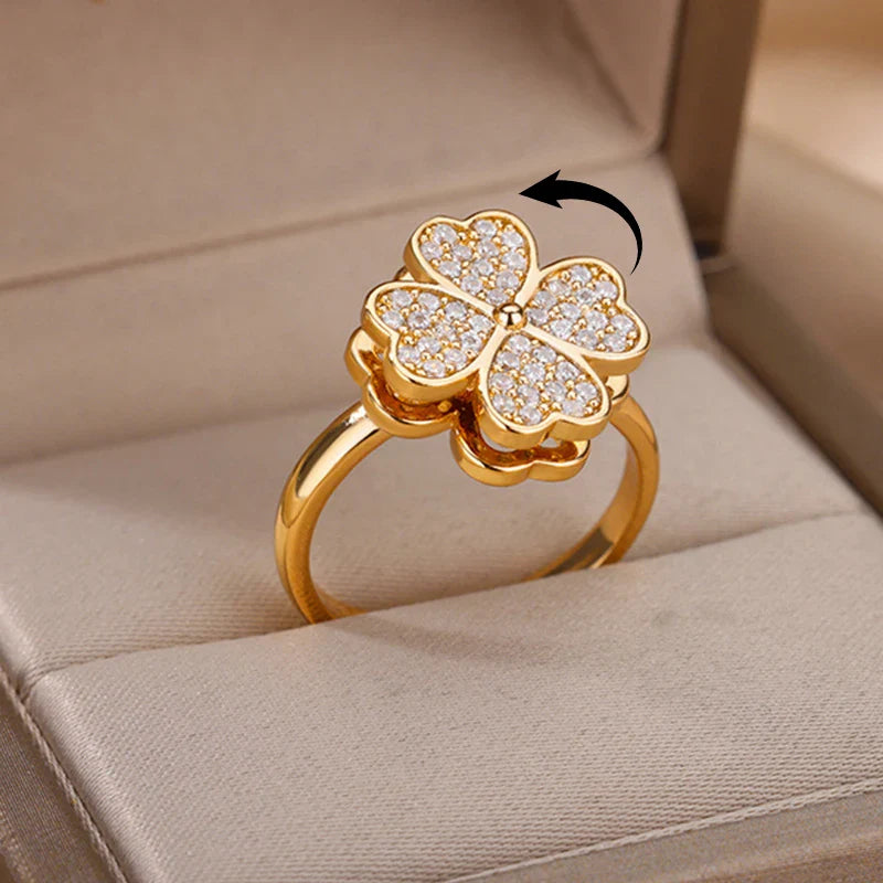 Spinner Zircon Heart Four Leaf Clover Fidget Ring for Women Stainless Steel Anti Stress Anxiety Jewelry Gift
