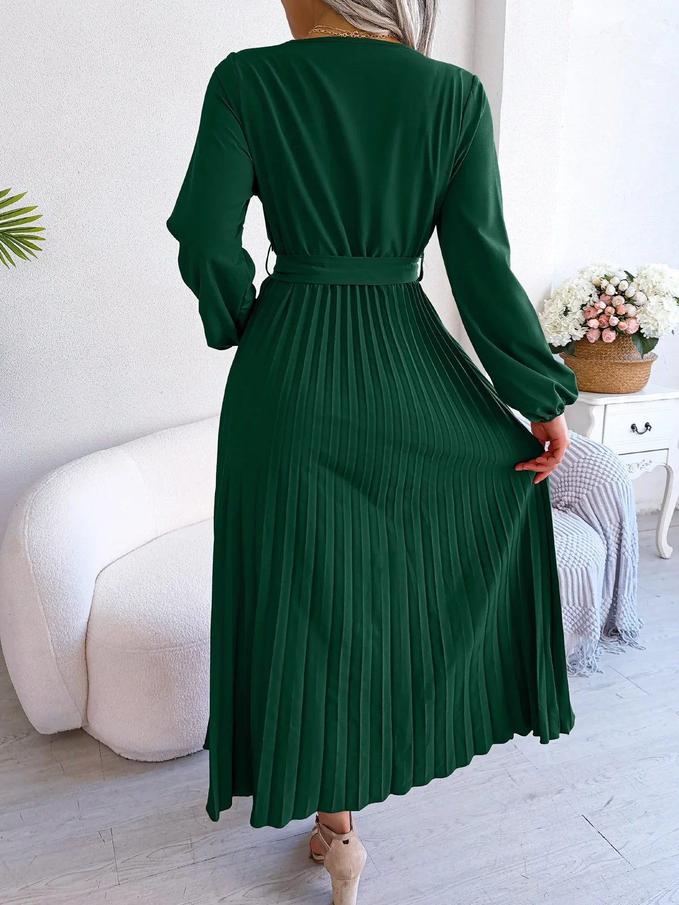 Elegant Surplice Neck Pleated Maxi Dress With Belt Flair