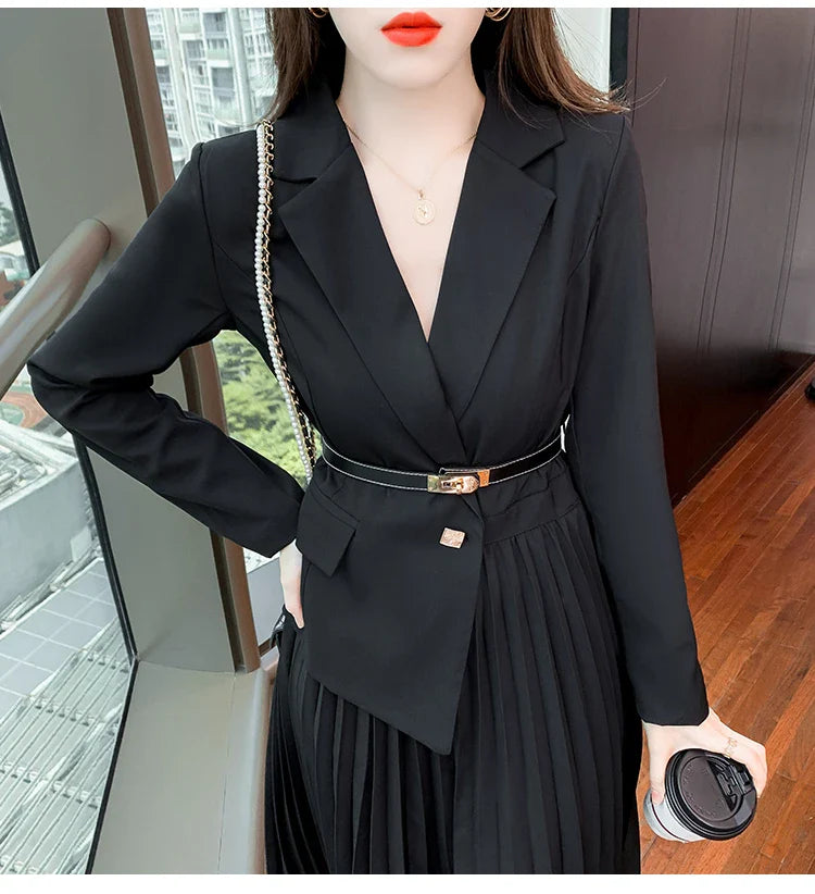 Faux Two Piece Dress With Blazer Collar Pleated Skirt