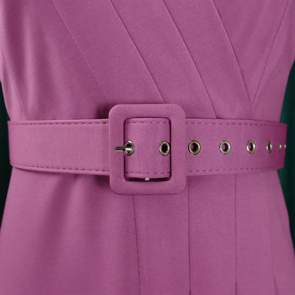 V Neck Office Dress For Women Belted Pleated Mid Calf