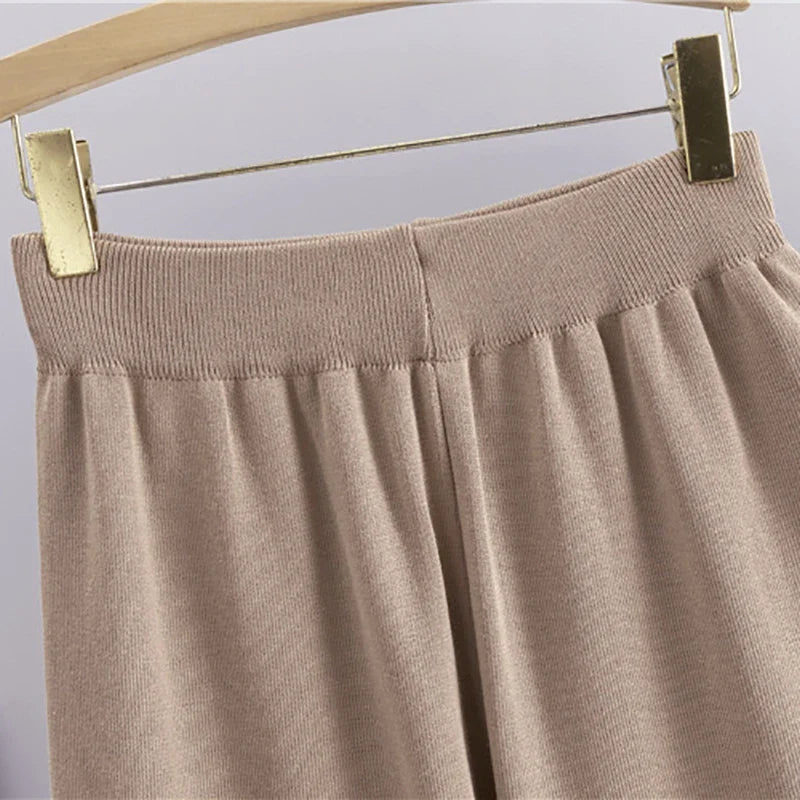 Spring Women Knitted Sweater Set Casual Pullover and Pant Outfit with Color Contrast Block Design