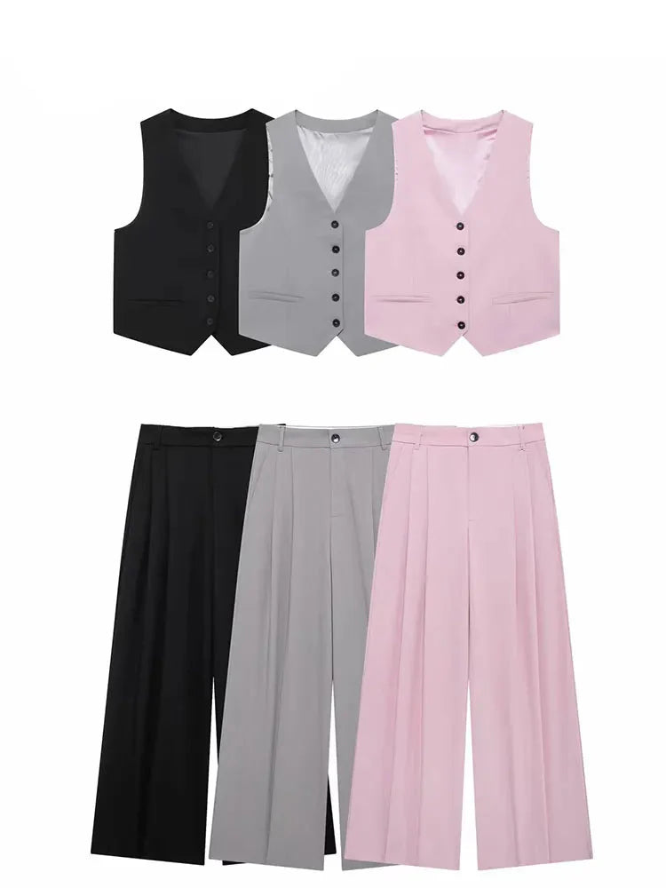 Women Solid Pant Sets with Adjustable Back Strap and V-Neck Vest High Waist Trousers Fashion Outfit