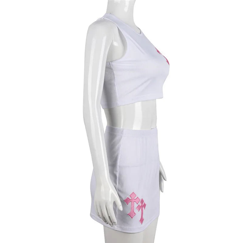 Women Two Piece Ribbed Skirt Set with Cross Embroidered Sleeveless Crop Top and Mini Skirt Party Dress