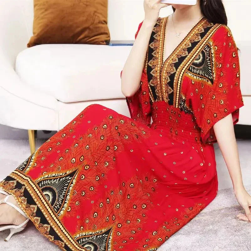 Sweet Countryside Printed Midi Dress V Neck Batwing