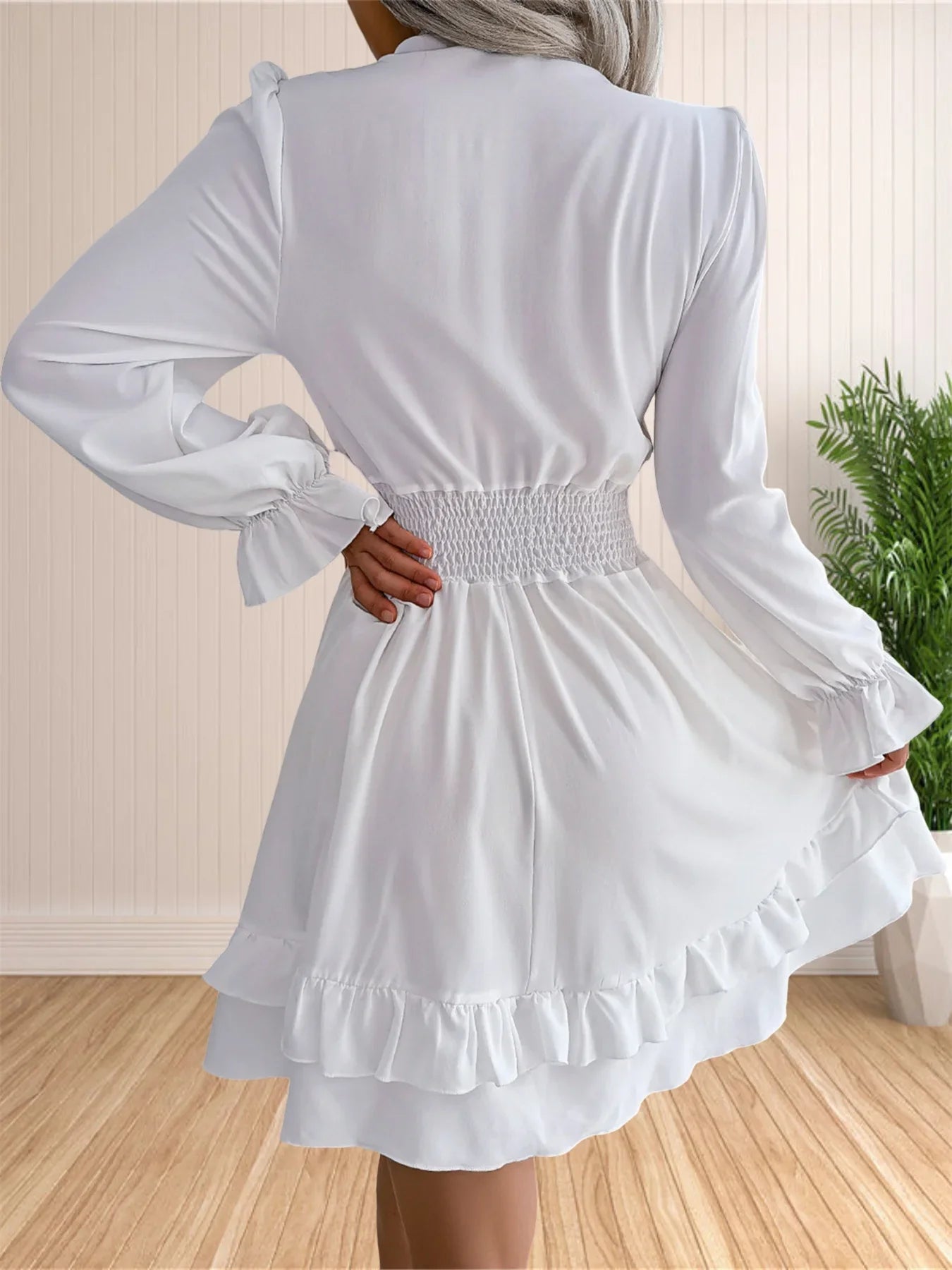 Womens V Neck Knot Front Smocked Waist Tiered Skater Dress