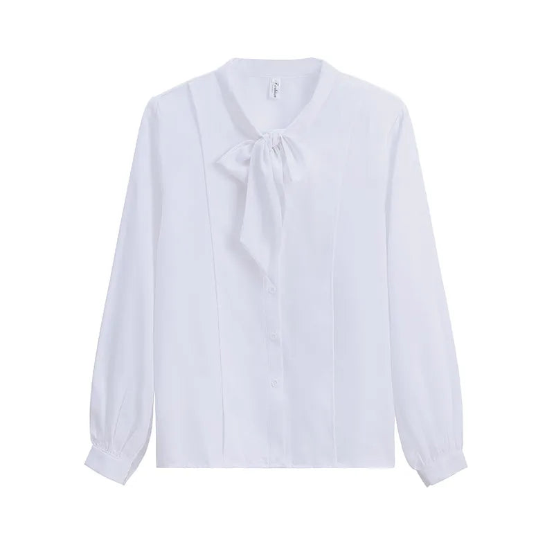 Women's White Chiffon Long Sleeve Blouse Elegant Korean Style Office Shirt Lightweight Temperament Workwear Top