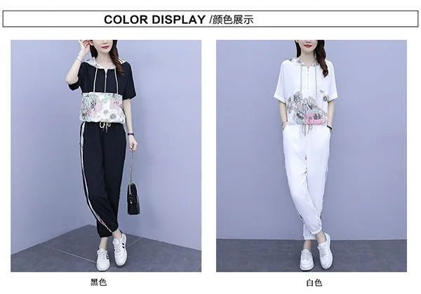 Women's Casual Two Piece Set with Hooded T-Shirt and Contrast Printed Pants for Spring and Summer Fashion