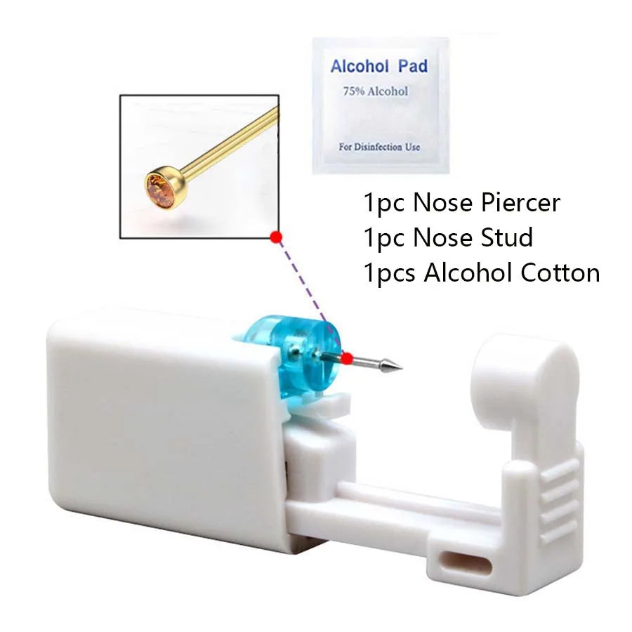 Disposable Nose Piercing Gun Kit with Built-In Crystal Nose Stud for Easy Piercing