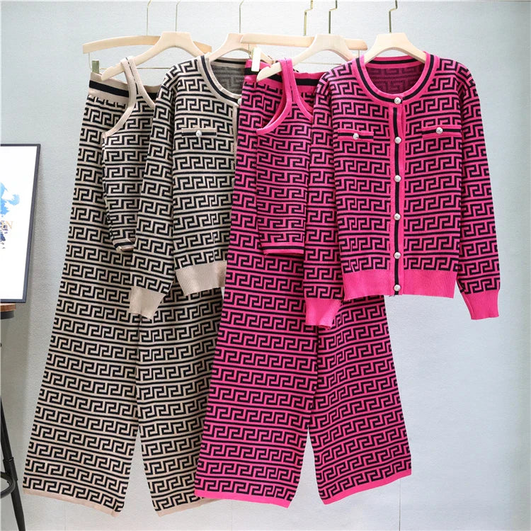 Elegant Casual Three-Piece Women's Fashion Houndstooth Printed Fitted Vest and Plaid Trousers Set for Spring and Autumn