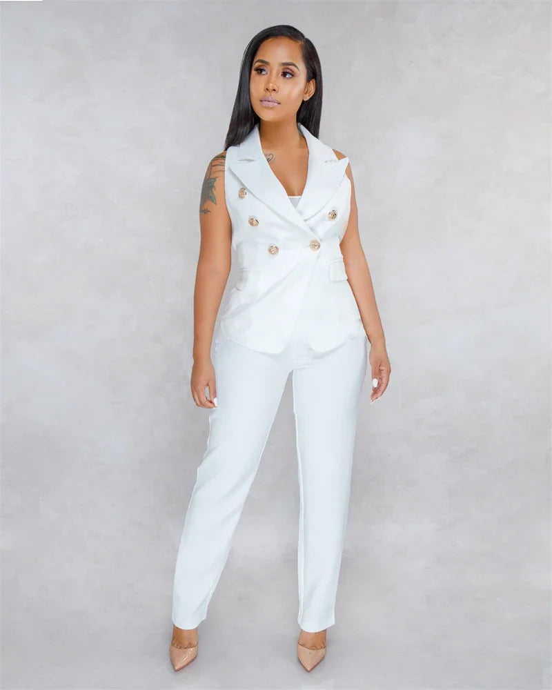 Elegant Women's Two Piece Pant Suit Set with Sleeveless Blazer and Pencil Pants for Office and Business Wear