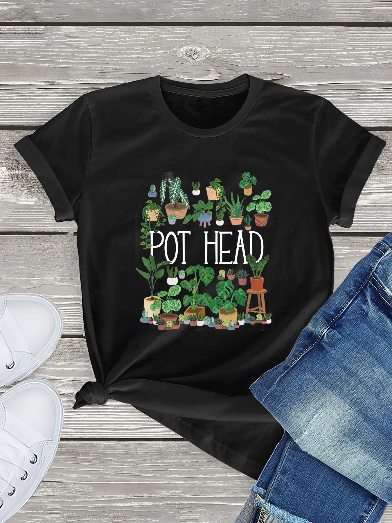 Pot Head Letter and Plants Print T-Shirt for Women, Casual Short Sleeve Crew Neck Top for Spring and Summer