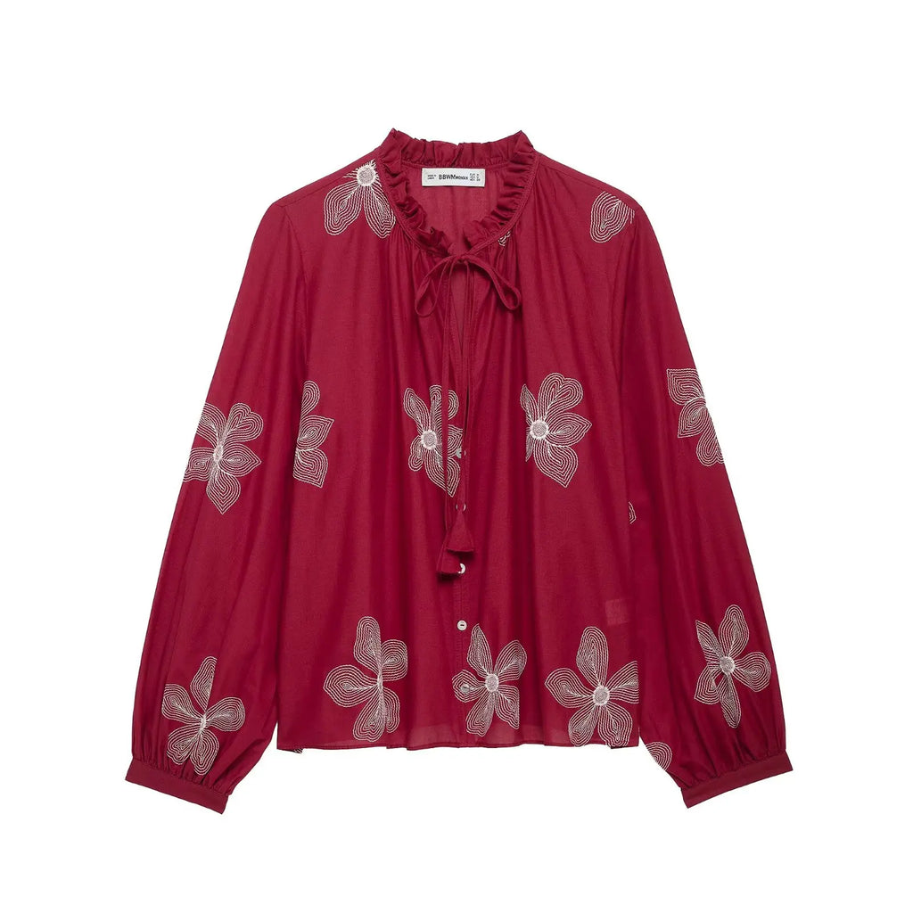 Women's Ruffled Collar Long Sleeve Blouse with Delicate Flower Embroidery Casual Chic Shirt Top