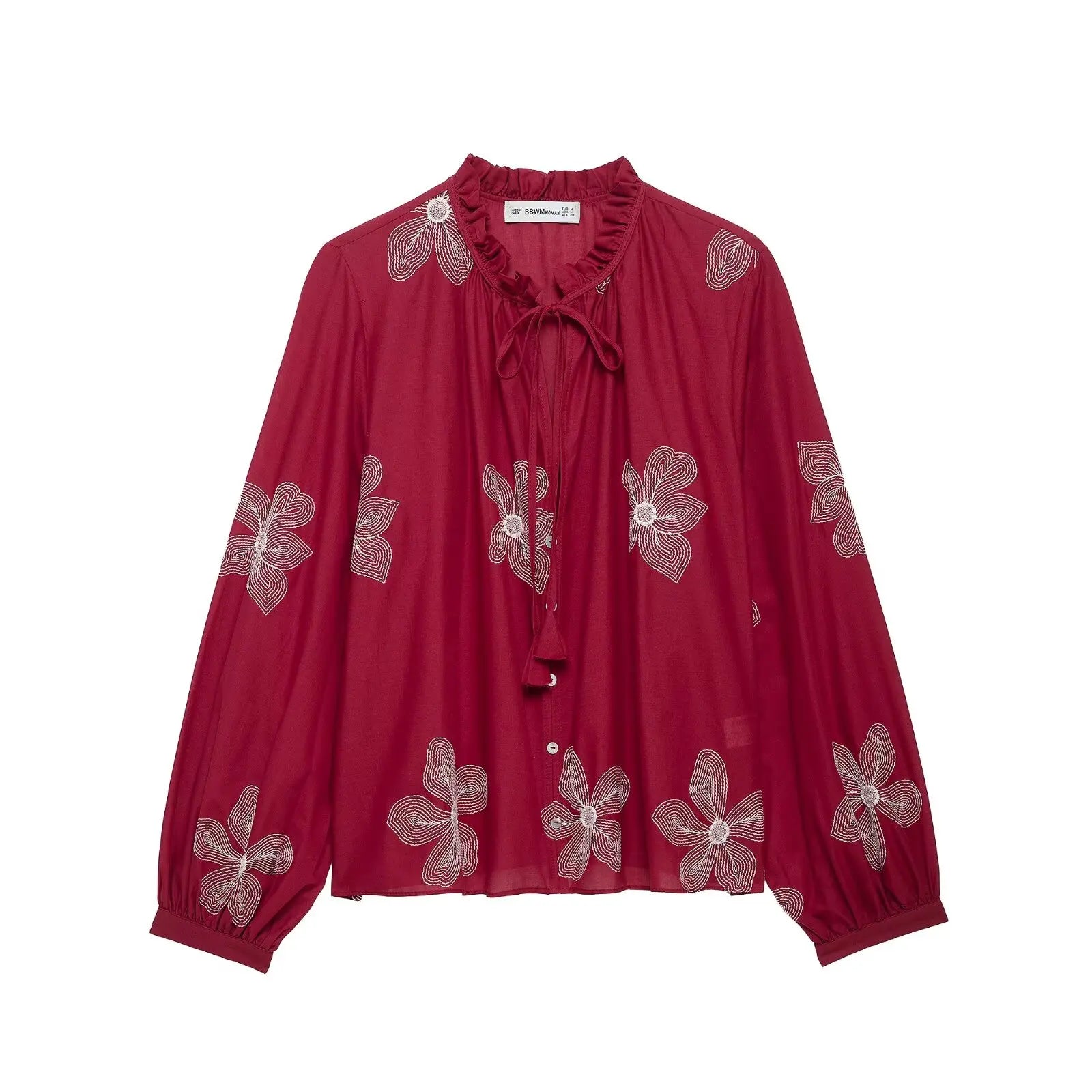 Women's Ruffled Collar Long Sleeve Blouse with Delicate Flower Embroidery Casual Chic Shirt Top