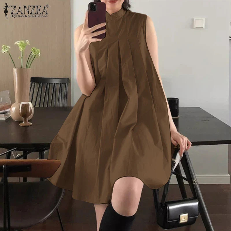 Mandarin Collar Pleated Sundress Women Sleeveless A Line