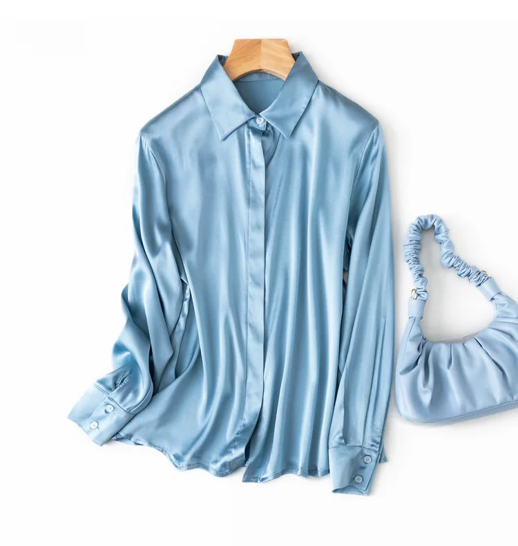 Women Satin Silk Shirt 93% Mulberry Silk 7% Spandex 19 Momme Classic Long Sleeve Blouse Solid Color Office Top for Women M L XL XXL