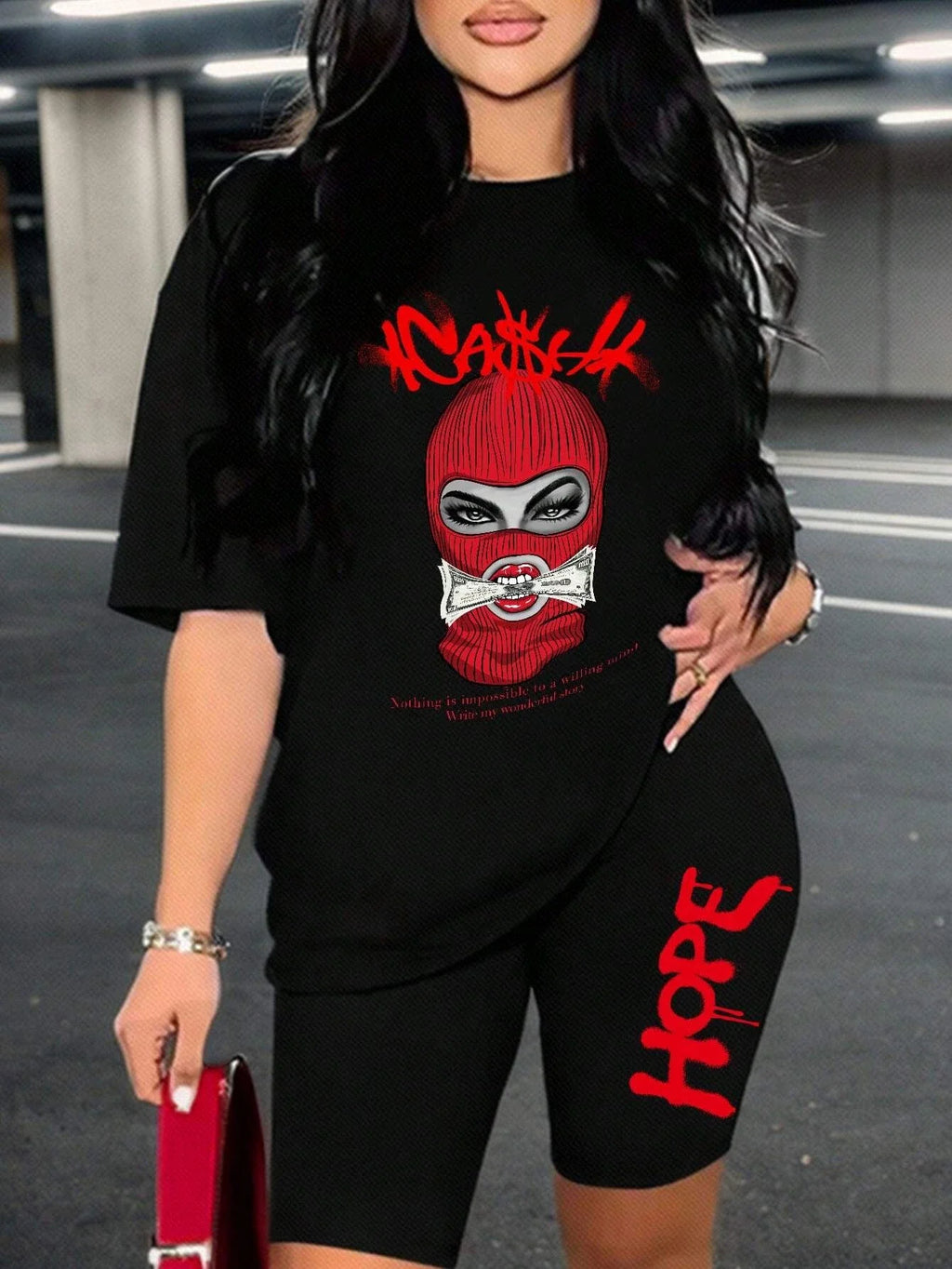 Breathable Cotton Two Piece Set Featuring Lady Wearing Mask Print Short Sleeve T-Shirt and Soft Polyester Hip Hop Style Shorts for Women