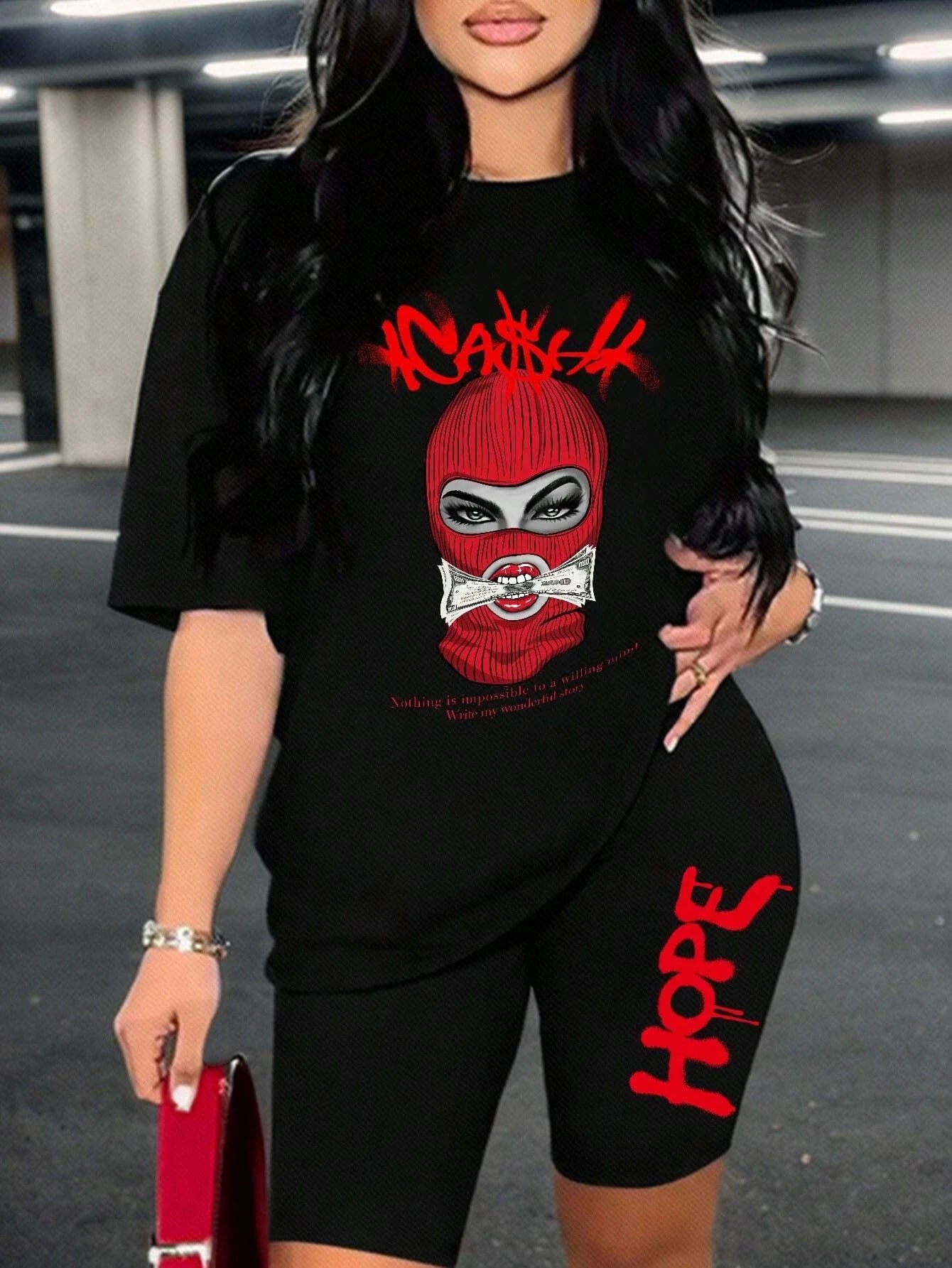 Breathable Cotton Two Piece Set Featuring Lady Wearing Mask Print Short Sleeve T-Shirt and Soft Polyester Hip Hop Style Shorts for Women