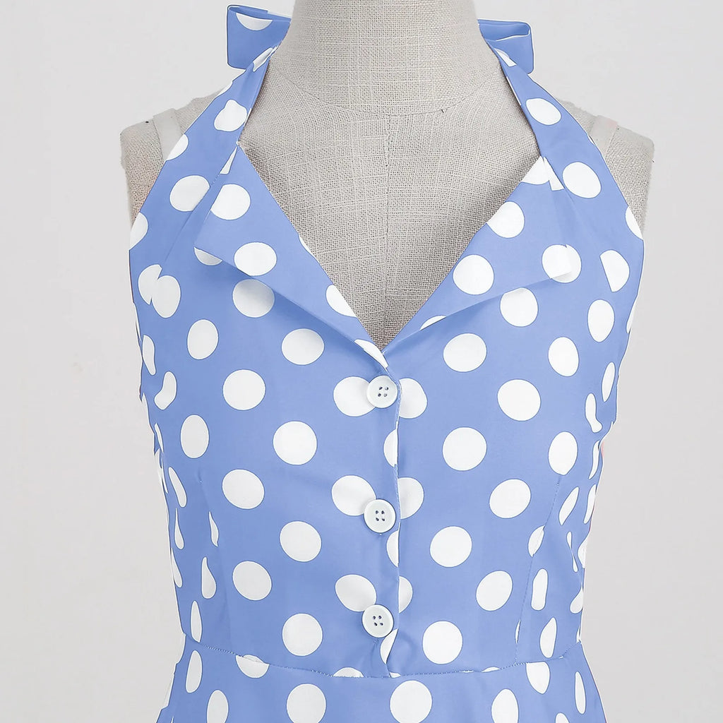 Retro Polka Dot Lace Up Backless Dress With Swing Puff
