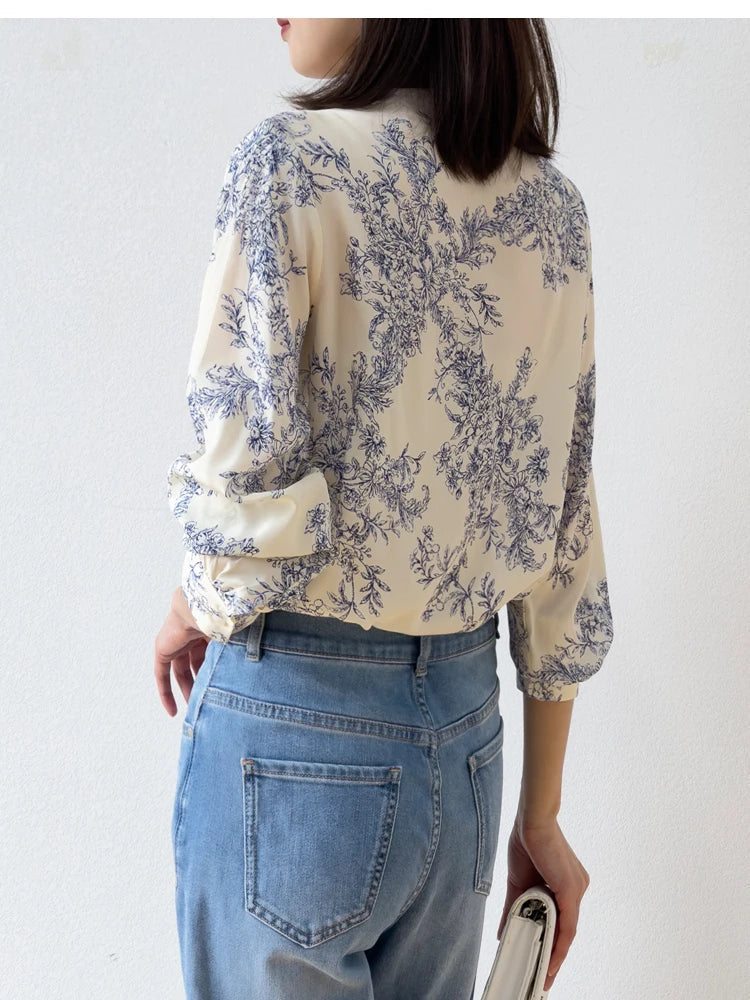 Women 100 Percent Mulberry Crepe Silk Shirt White Floral Button Down Long Sleeve Blouse Elegant Office Top M L XL