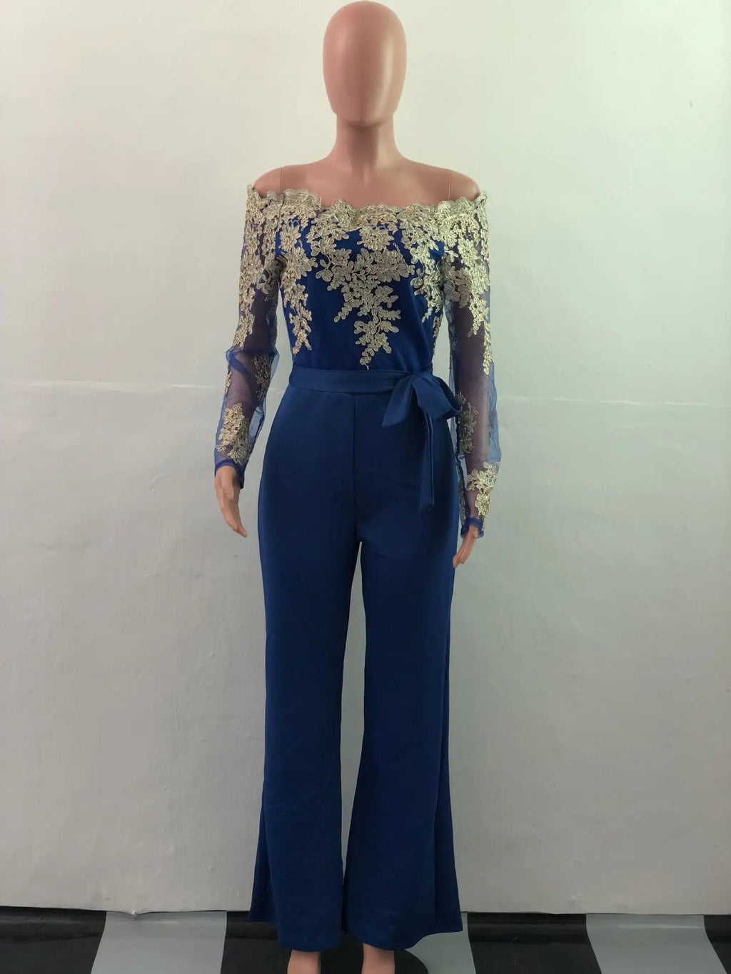 Appliques Lace Patchwork Off Shoulder Jumpsuit for Women with Slash Neck Long Sleeve and Elegant Wide Leg Pants Party Overalls
