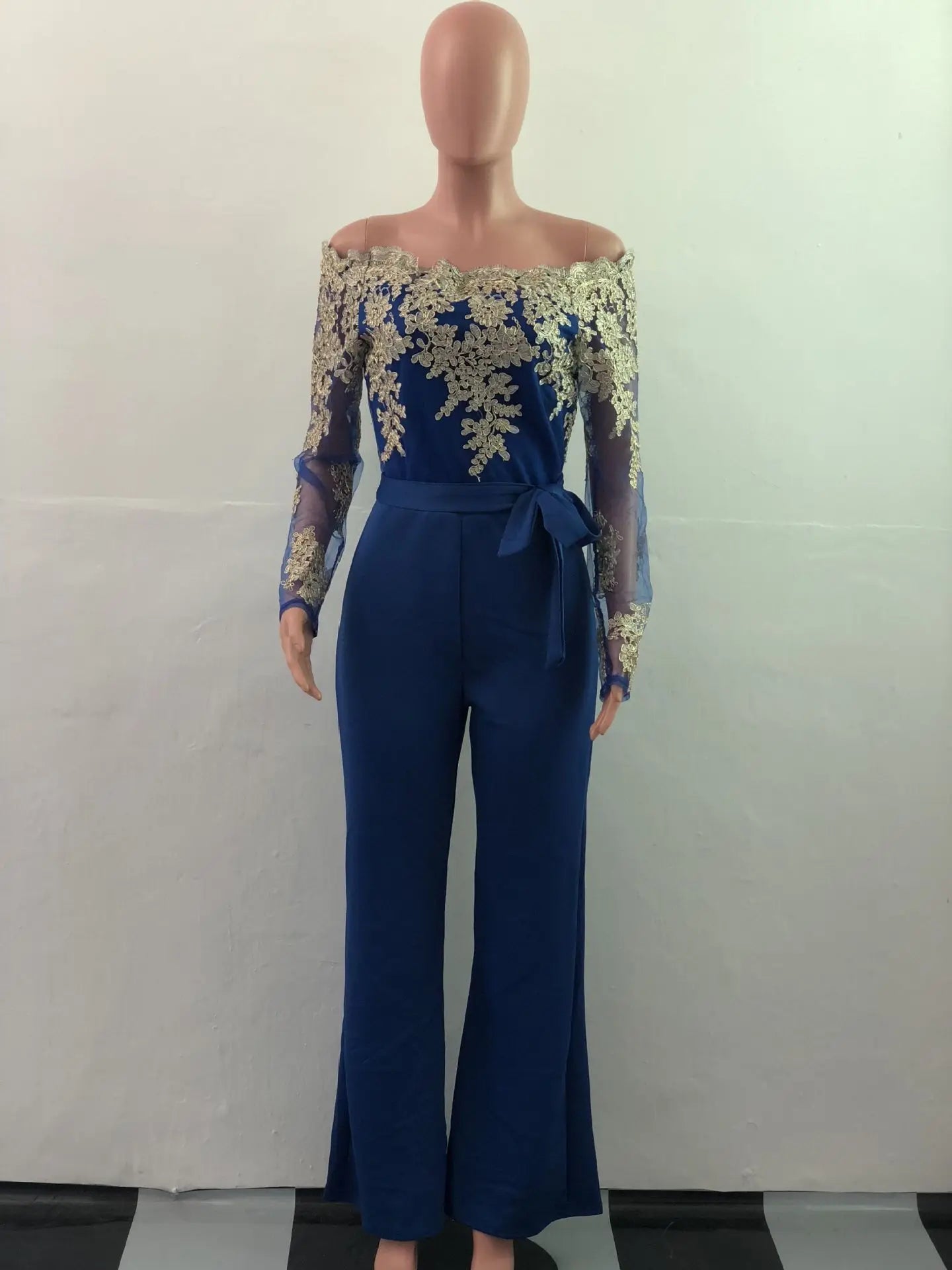 Appliques Lace Patchwork Off Shoulder Jumpsuit for Women with Slash Neck Long Sleeve and Elegant Wide Leg Pants Party Overalls