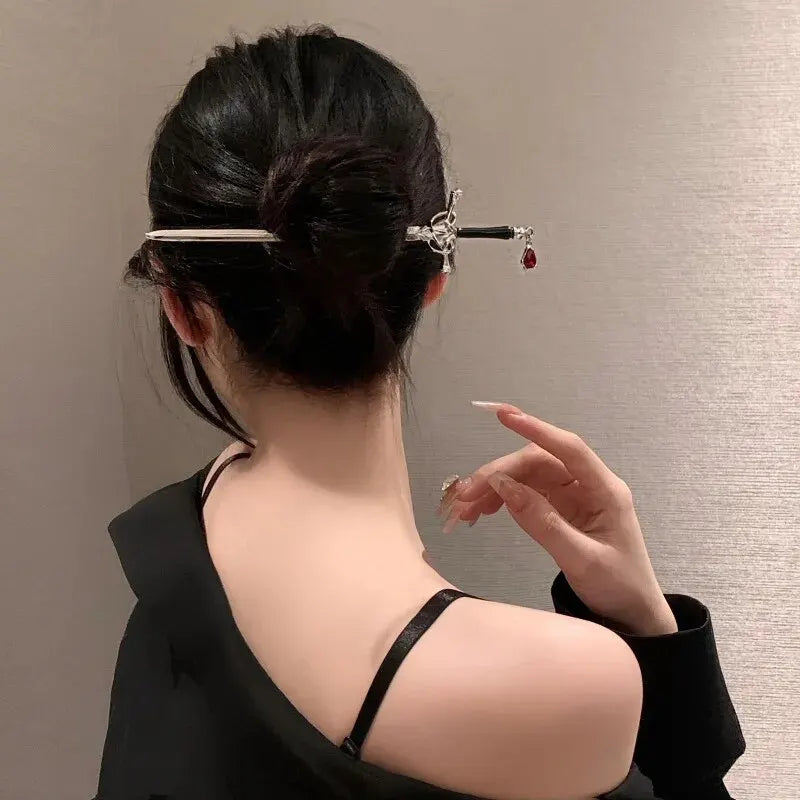Chinese Style Ruby Hairpin for Women Punk Hair Stick Ponytail Accessory