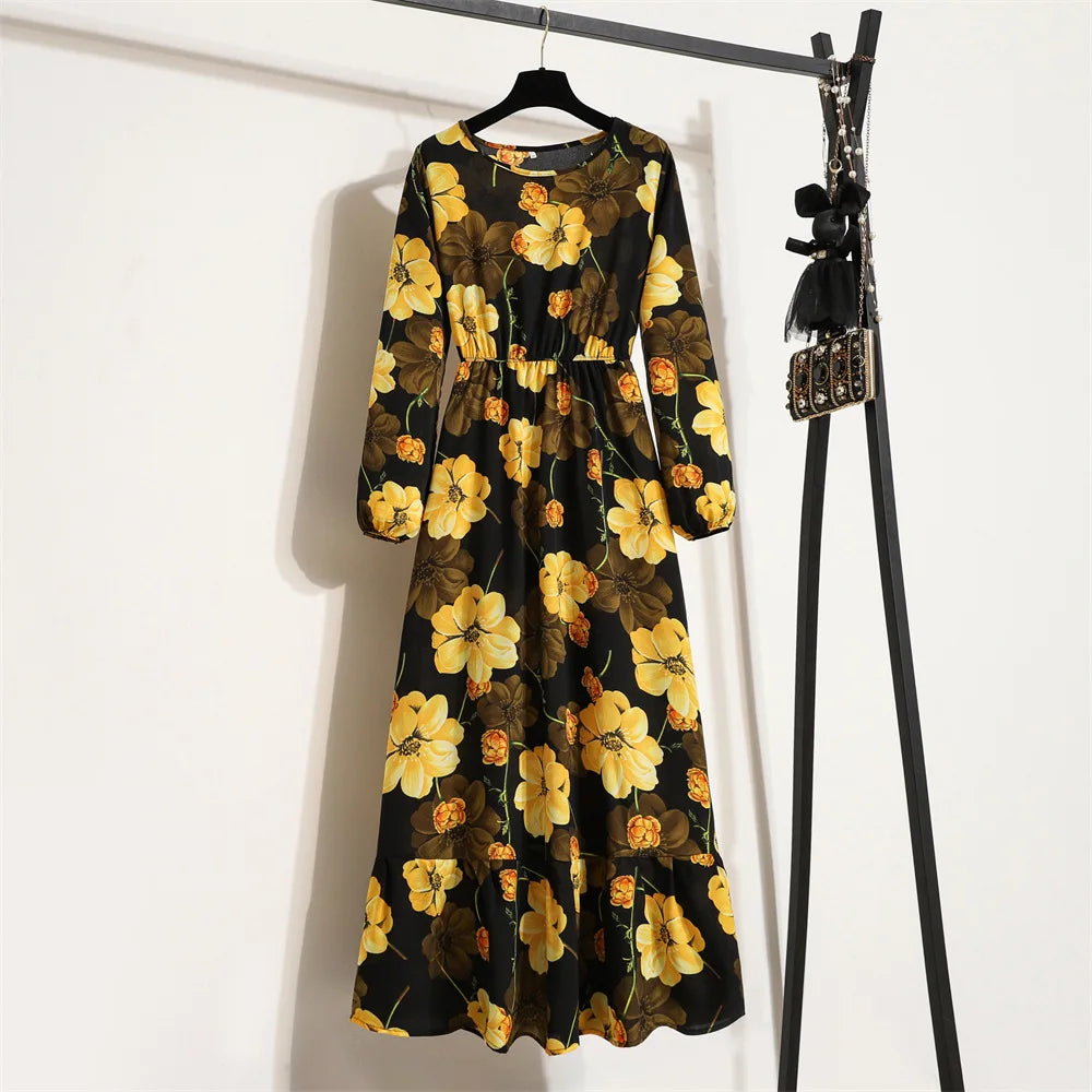 Bohemian Floral Maxi Dress High Waist Chiffon Long Sleeves