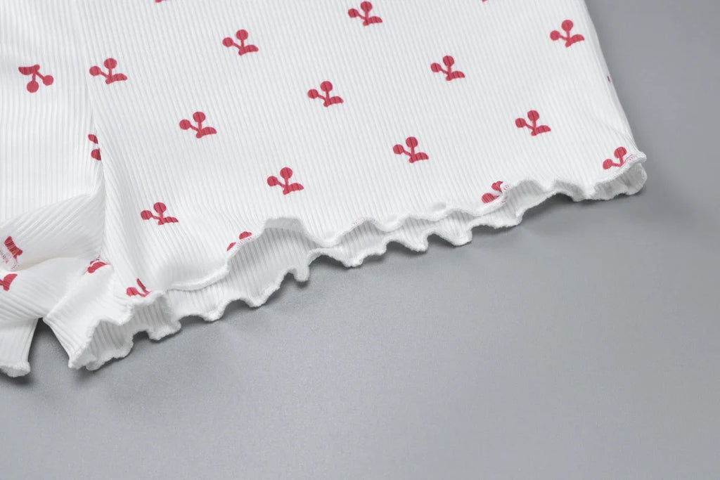 Cherry Print Two-Piece Matching Set with Slim Crop Camisole Top and Bow-Accent Shorts Summer Casual Festival and Workout Outfit for Women