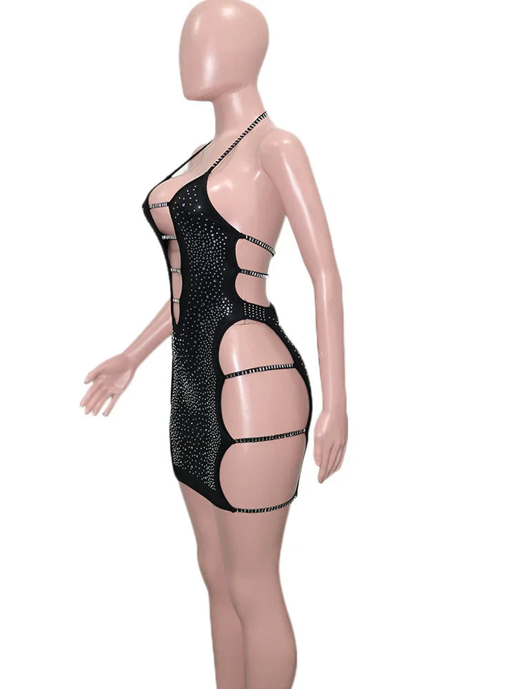 Black Ladder Cutout Sequin Mini Dress With Spaghetti Straps