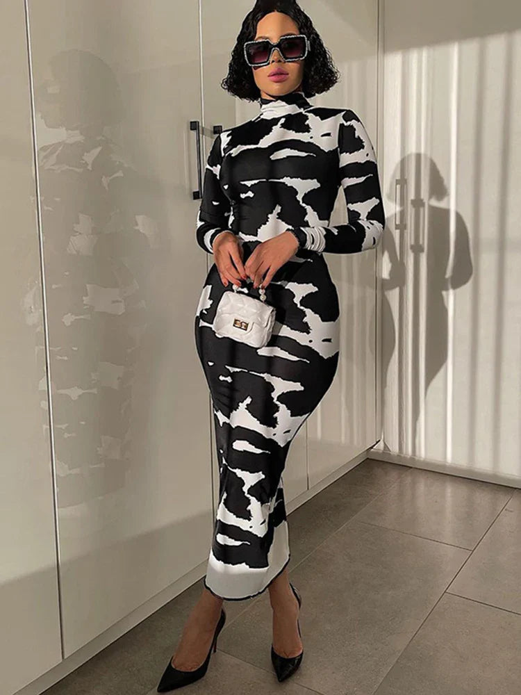 Cow Print Maxi Dress Long Sleeve Turtleneck Bodycon Party