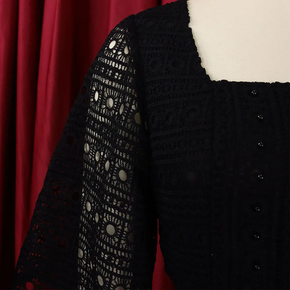 Square Neck Lace Dress Belt A Line Flare Sleeve Mid Calf