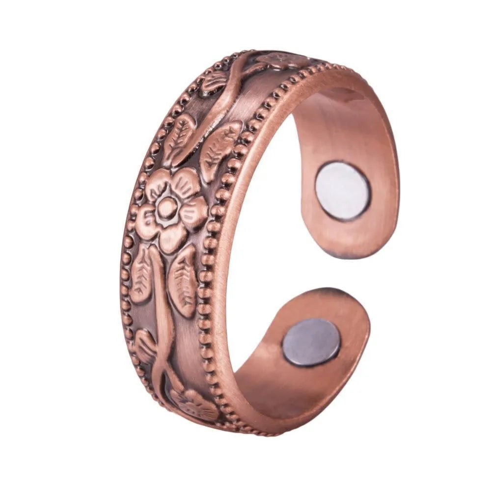 Adjustable Magnetic Bracelet Set with Retro Flower Design in Ancient Red Copper for Men and Women