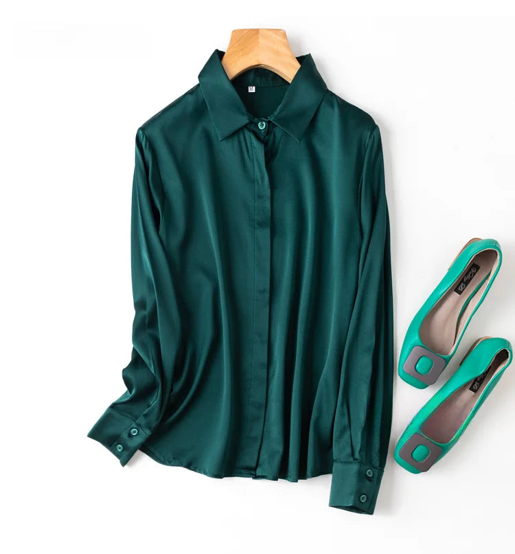 Women Satin Silk Shirt 93% Mulberry Silk 7% Spandex 19 Momme Classic Long Sleeve Blouse Solid Color Office Top for Women M L XL XXL