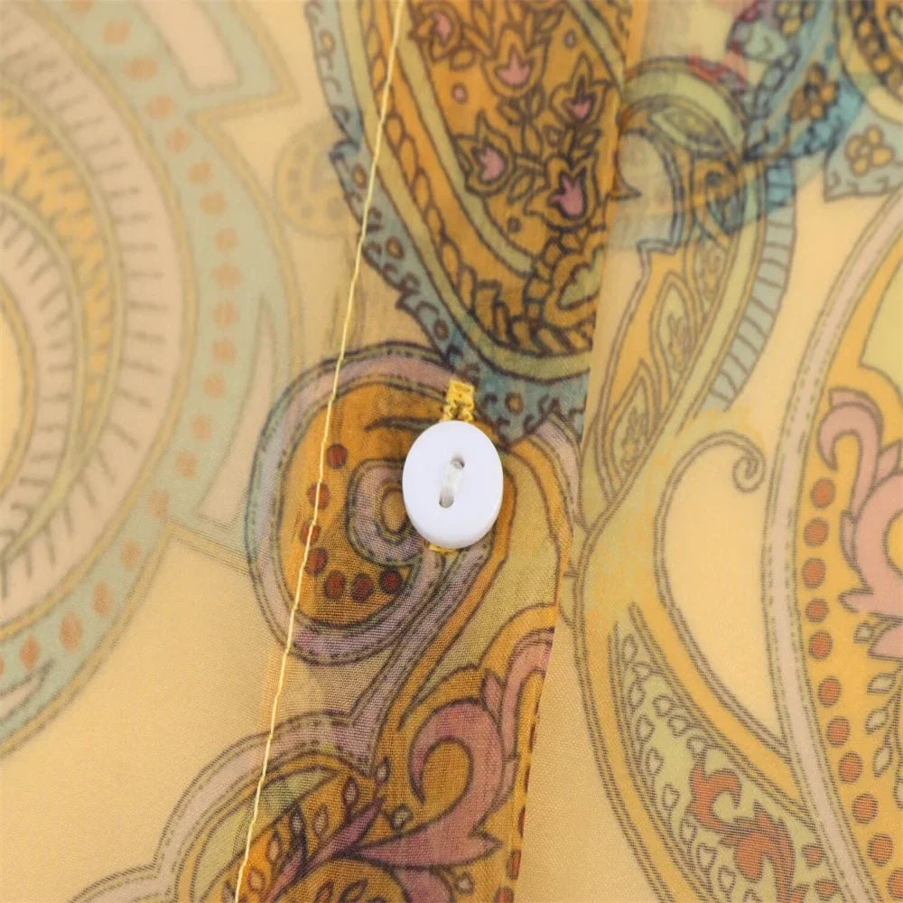 Womens Sheer Chiffon Blouse with High Neckline Puff Long Sleeves and Paisley Print Button Front Design