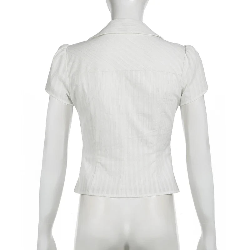 Slim Striped Blouse for Women Casual V-Neck Turn-Down Collar Short Puff Sleeve Summer Shirt