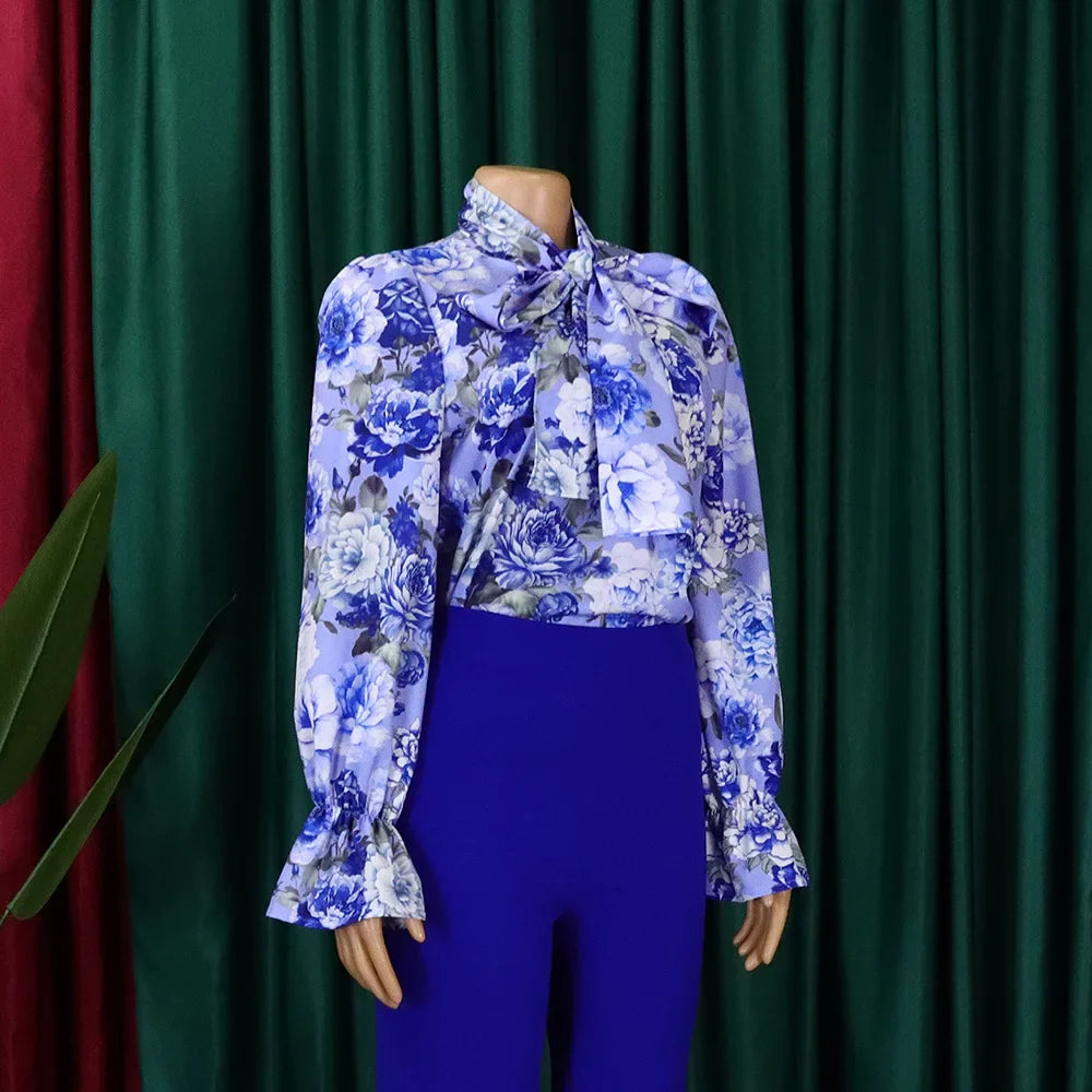Elegant Full Sleeve Bow Collar Printed Blouse for Women Stylish Business Workwear Shirt Tops