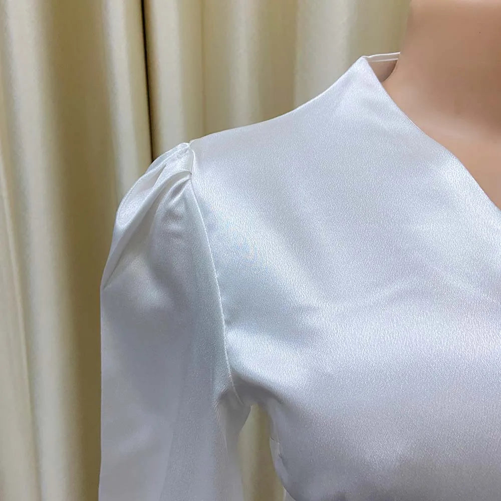 Elegant Satin V Neck Office Blouse for Women Full Sleeve Front Split Luxury Party and Dinner Shirt