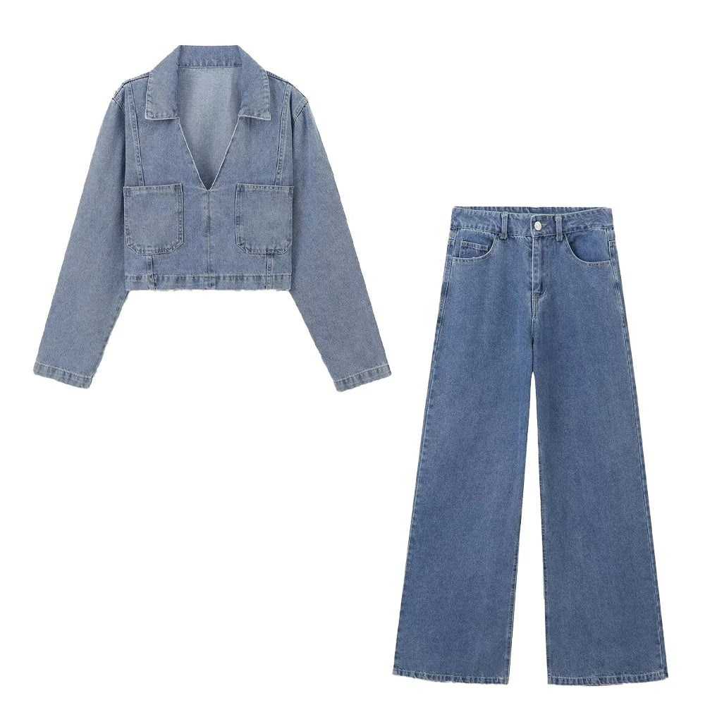 Autumn Women's Fashion Casual Denim Shirt with Collar and Long Sleeves Paired with High Waist Wide Leg Jeans Set