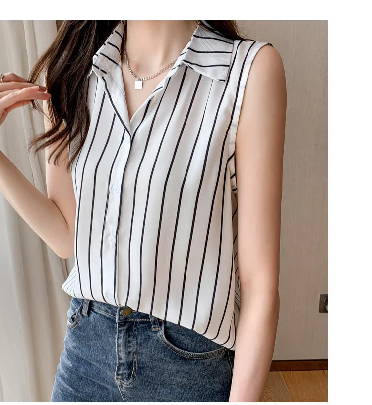 Striped Sleeveless Chiffon Blouse for Women Summer Vest Casual Lightweight Tops Basic White Shirt