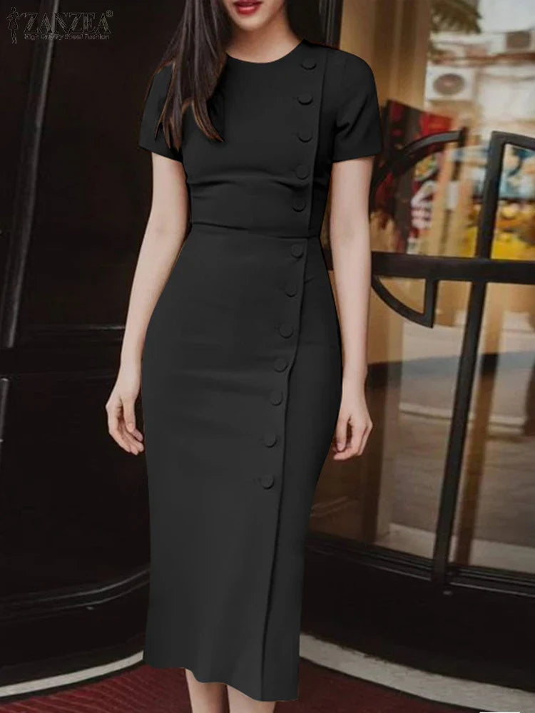 Elegant Women Midi Dress Solid Color Short Sleeve Casual
