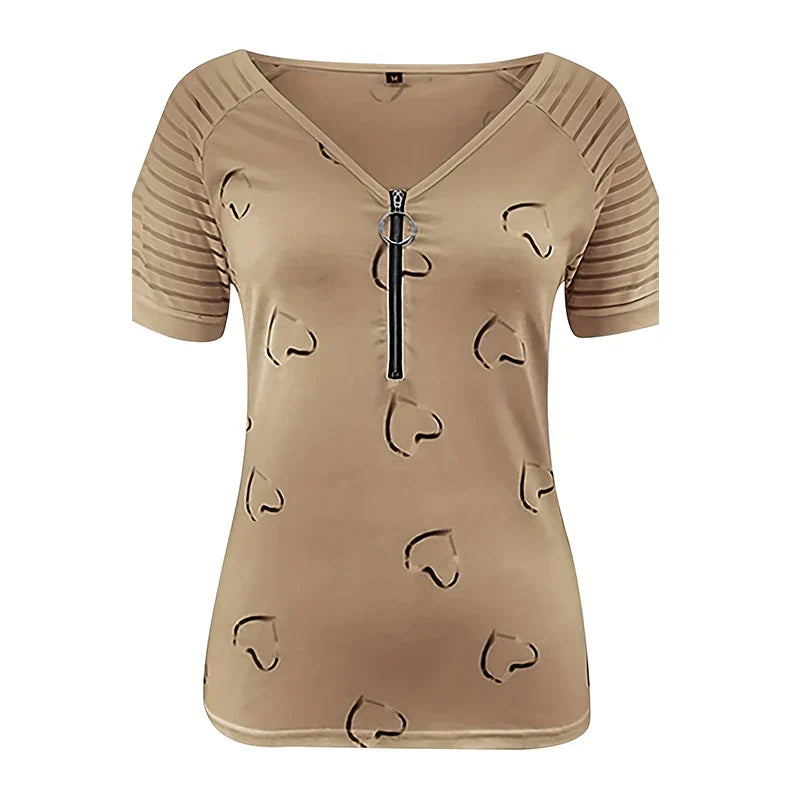 Womens Casual Zipper Short Sleeve V Neck Loose T Shirt