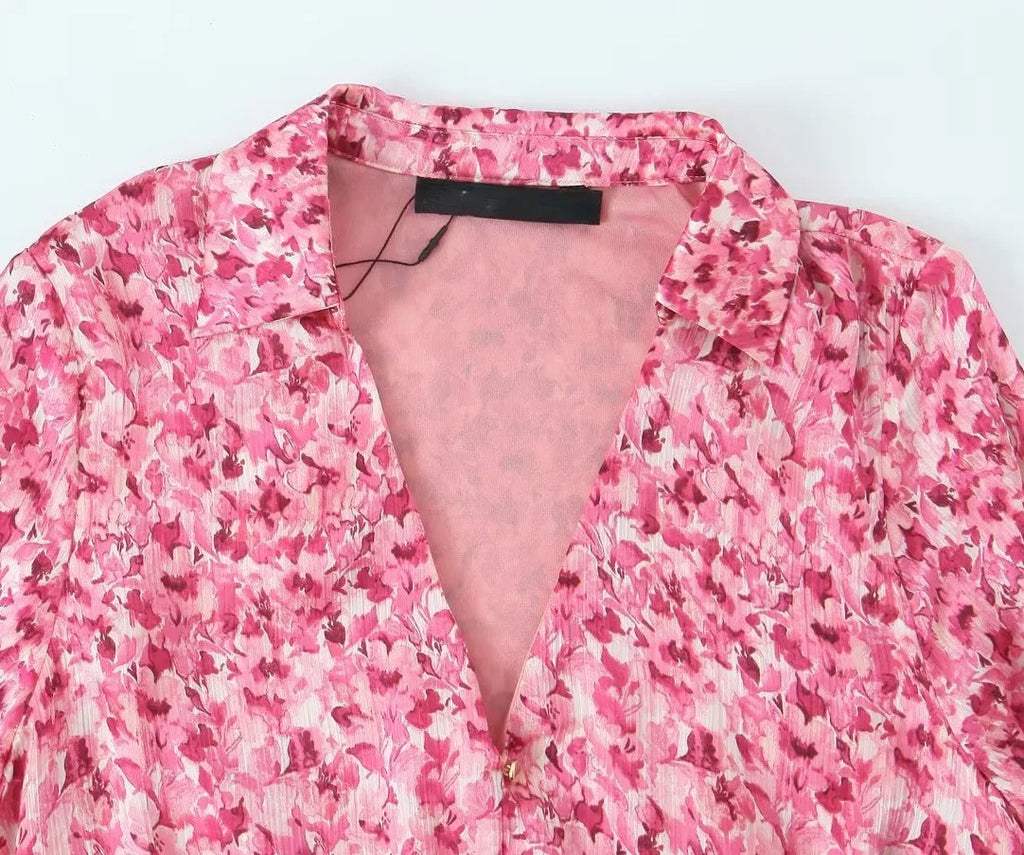 Floral Print Midi Dress V Neck Long Sleeve With Waist Tie