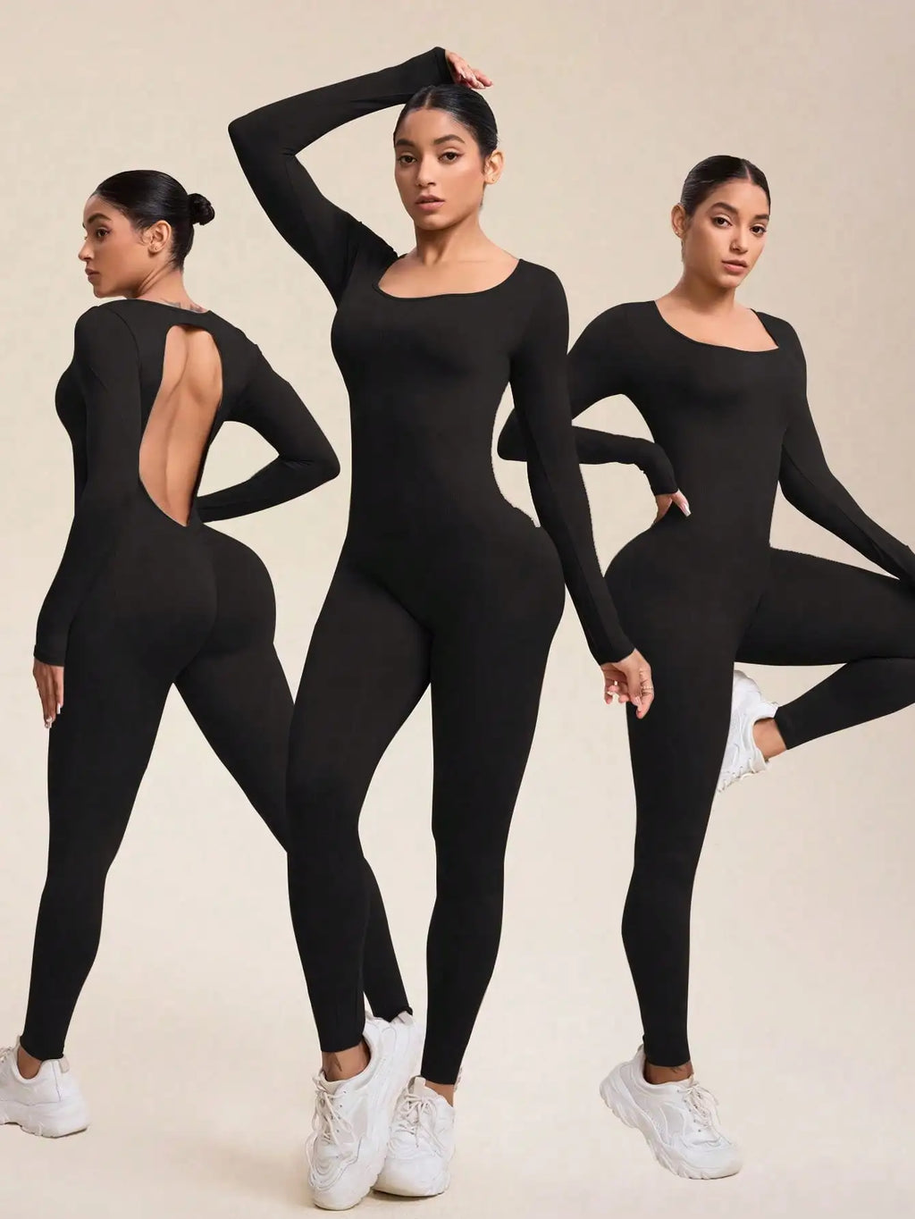 Women Long Sleeve Sexy Backless Bodycon Jumpsuit Romper with Scrunch Butt V Back Workout Playsuit Bodysuit